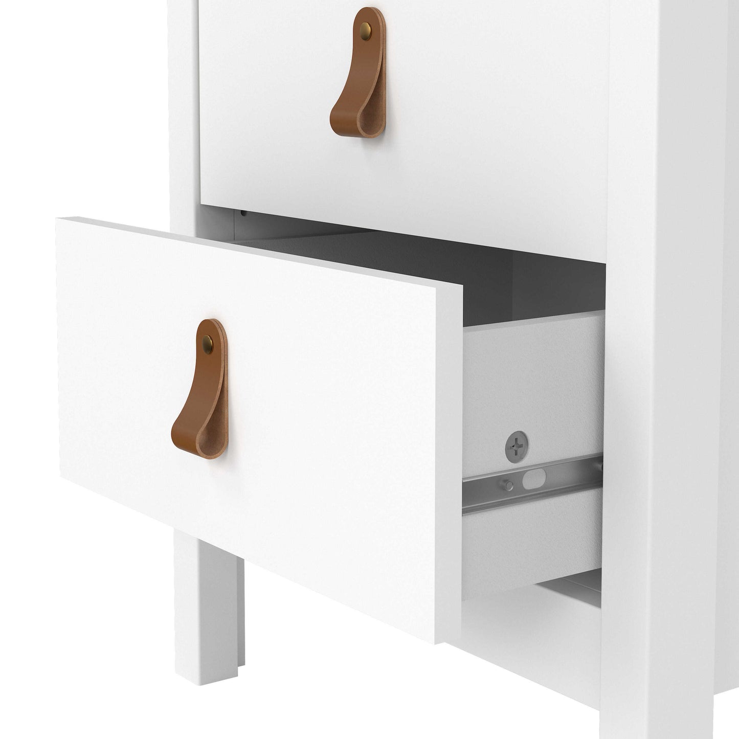 Wildberry Matt White Wooden Bedside Table 2 Drawers Leather Handles