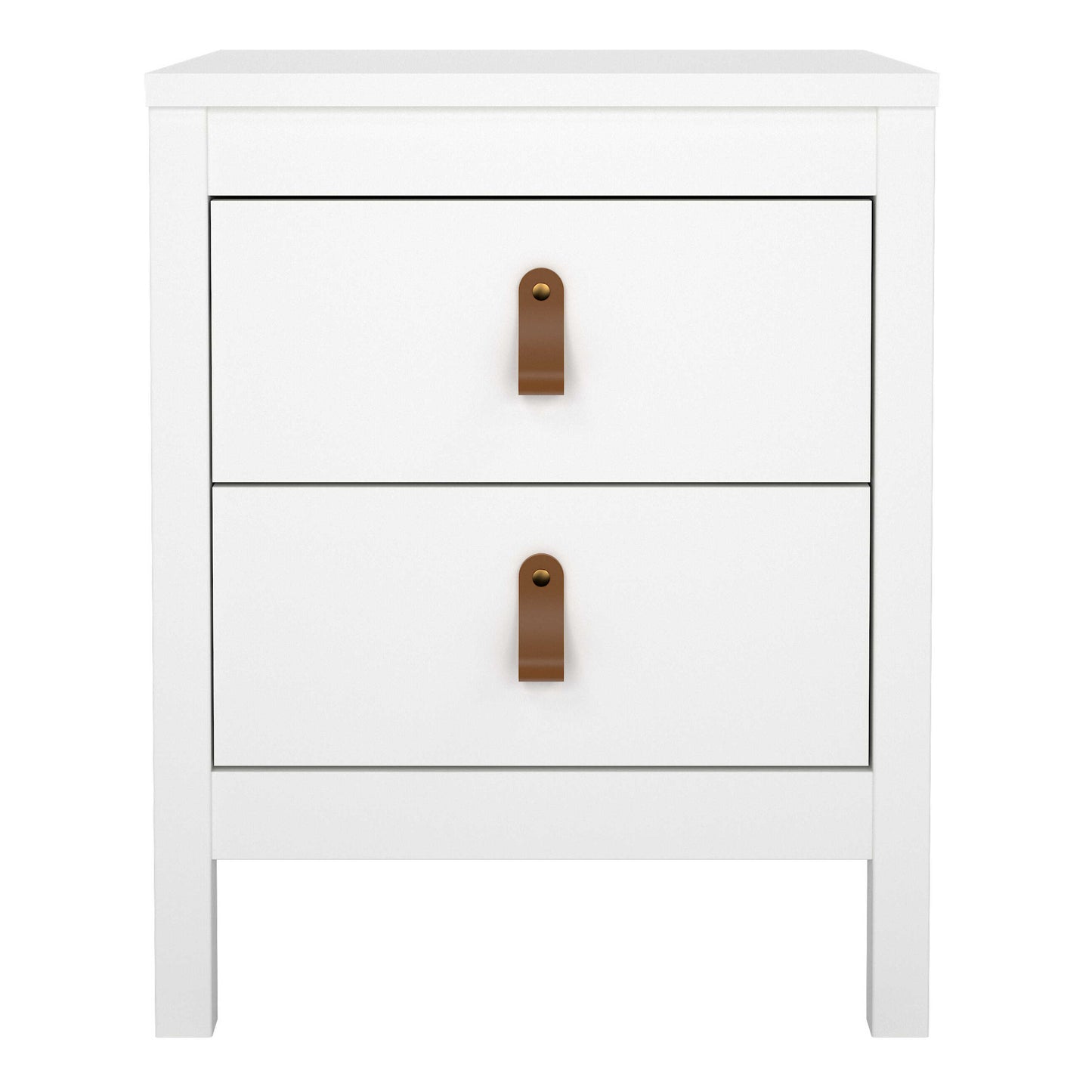 Wildberry Matt White Wooden Bedside Table 2 Drawers Leather Handles