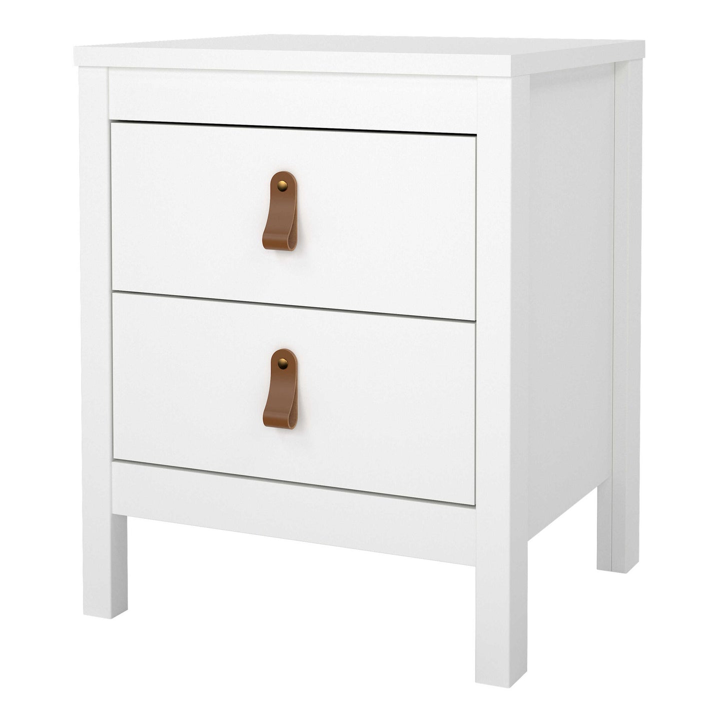 Wildberry Matt White Wooden Bedside Table 2 Drawers Leather Handles