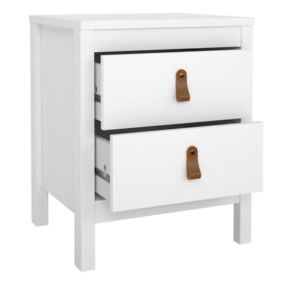 Wildberry Matt White Wooden Bedside Table 2 Drawers Leather Handles