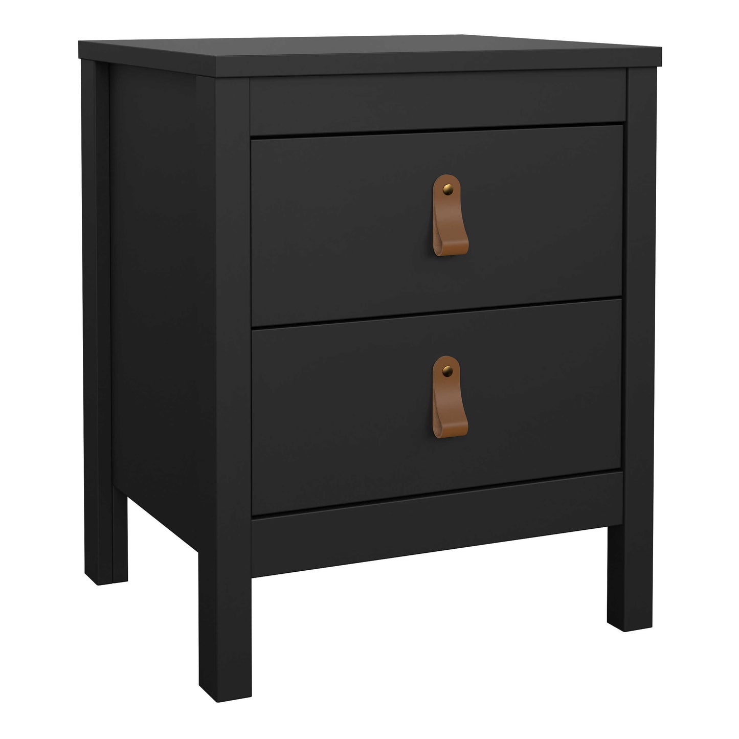 Wildberry Matt Black Bedside Table 2 Drawers Leather Handles