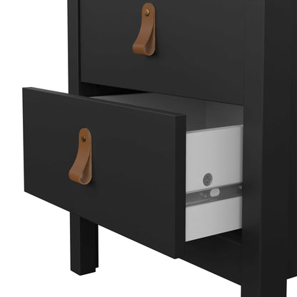 Wildberry Matt Black Bedside Table 2 Drawers Leather Handles