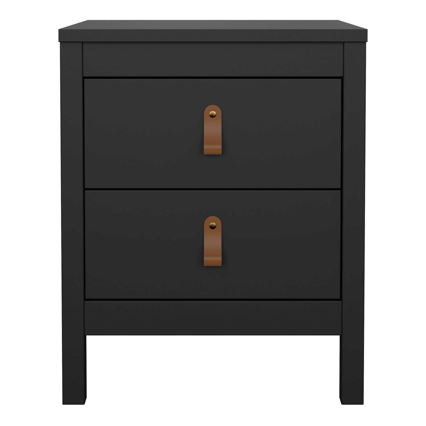 Wildberry Matt Black Bedside Table 2 Drawers Leather Handles