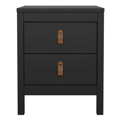 Wildberry Matt Black Bedside Table 2 Drawers Leather Handles