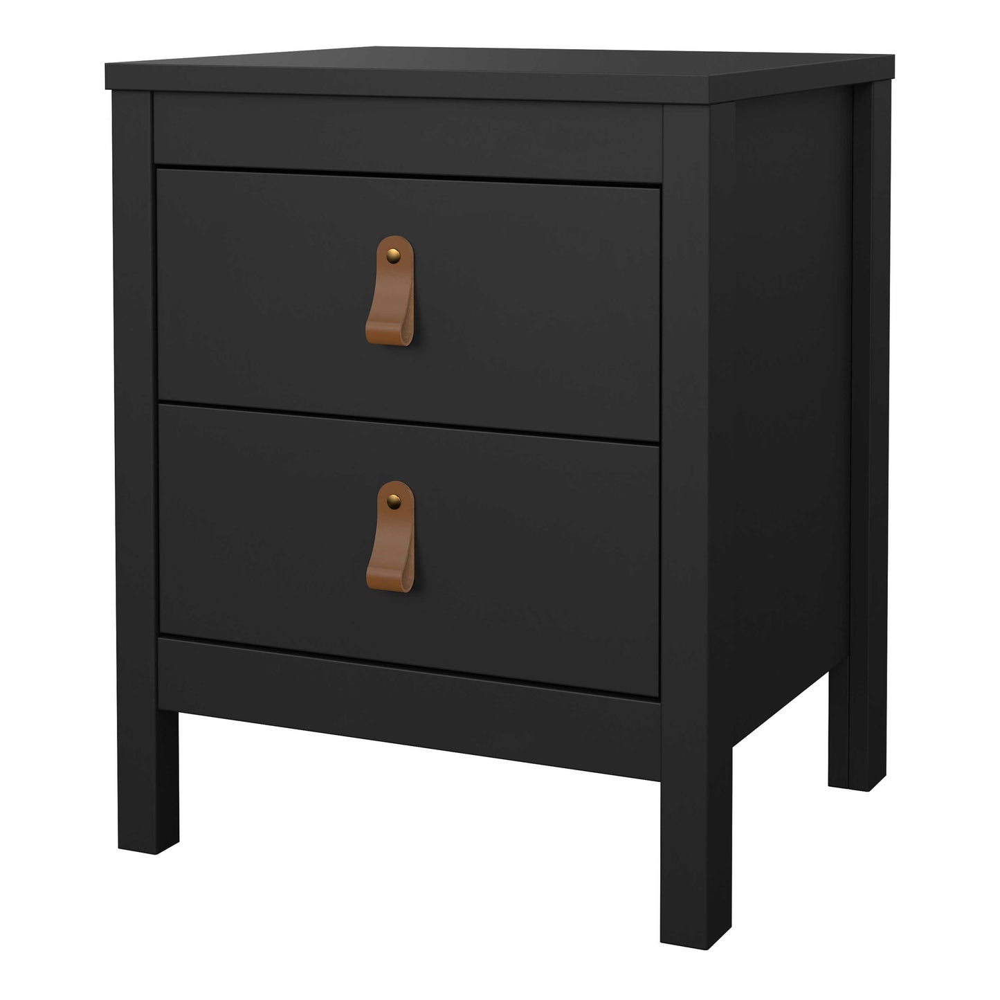 Wildberry Matt Black Bedside Table 2 Drawers Leather Handles
