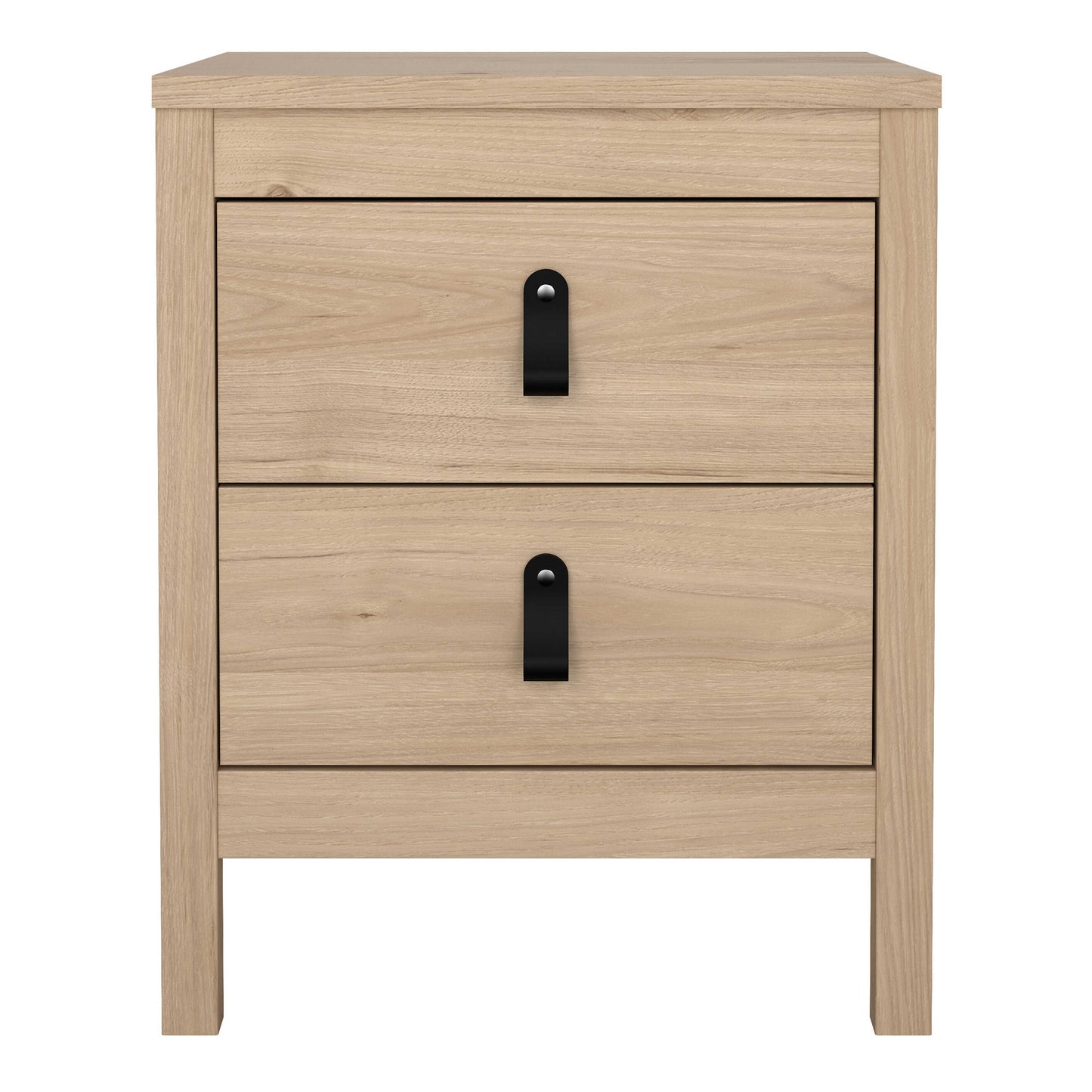 Wildberry Natural Oak Wood Bedside Table 2 Drawers Leather Handles