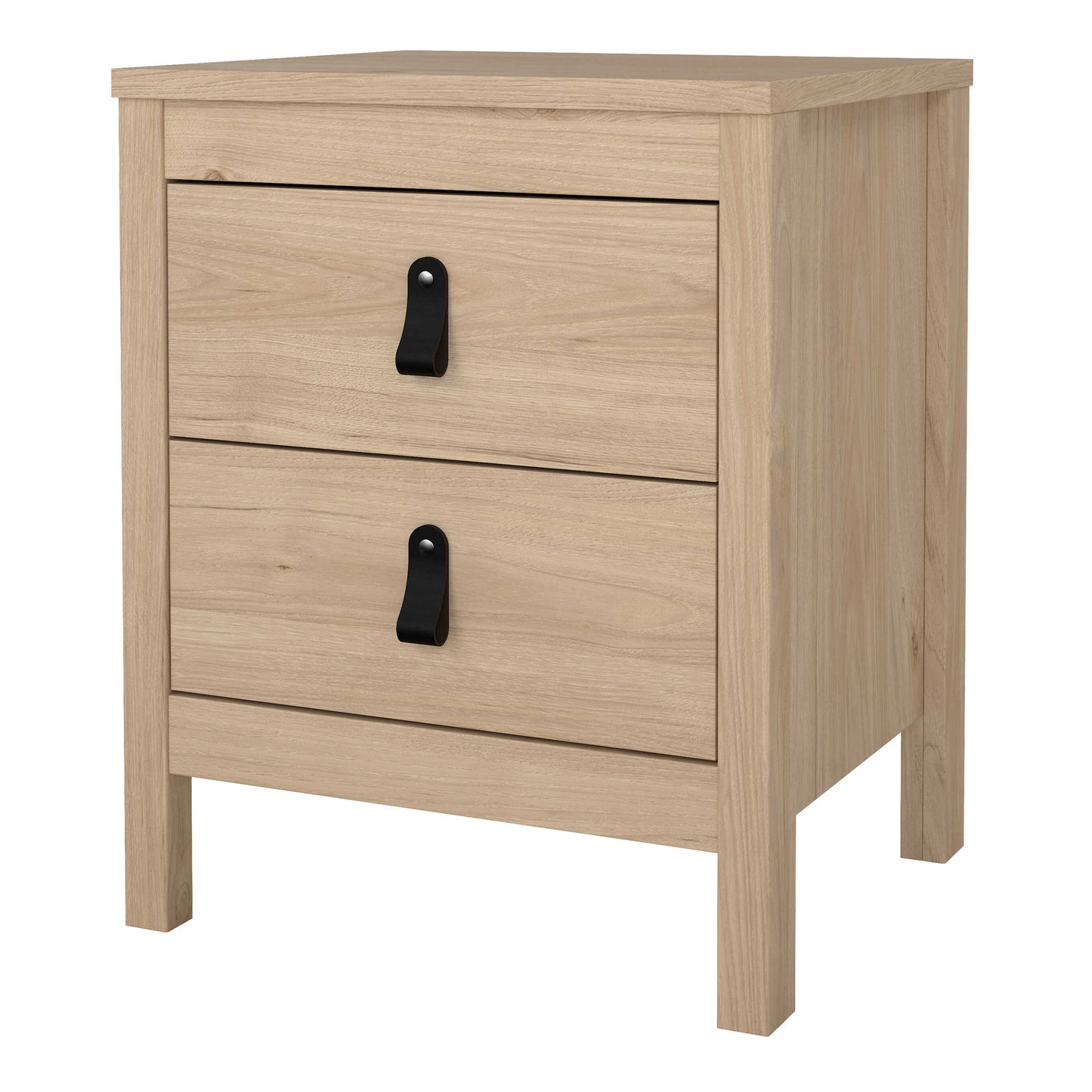 Wildberry Natural Oak Wood Bedside Table 2 Drawers Leather Handles