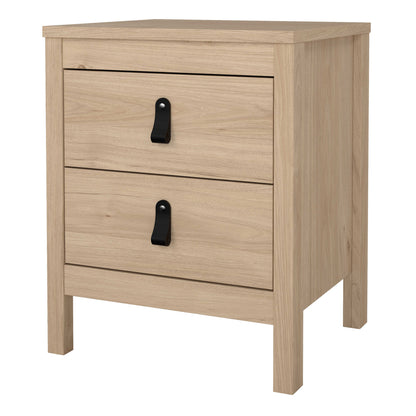 Wildberry Natural Oak Wood Bedside Table 2 Drawers Leather Handles
