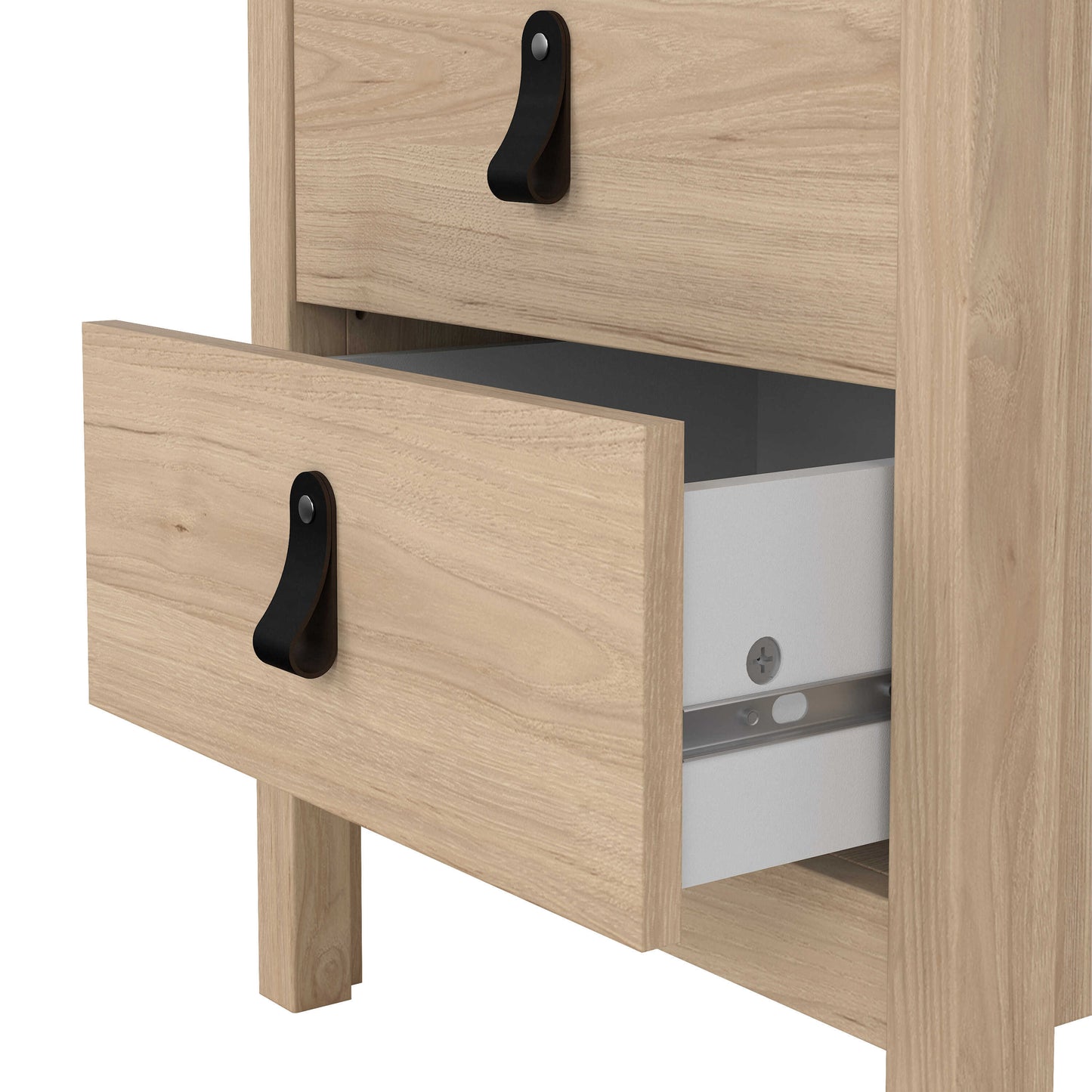 Wildberry Natural Oak Wood Bedside Table 2 Drawers Leather Handles
