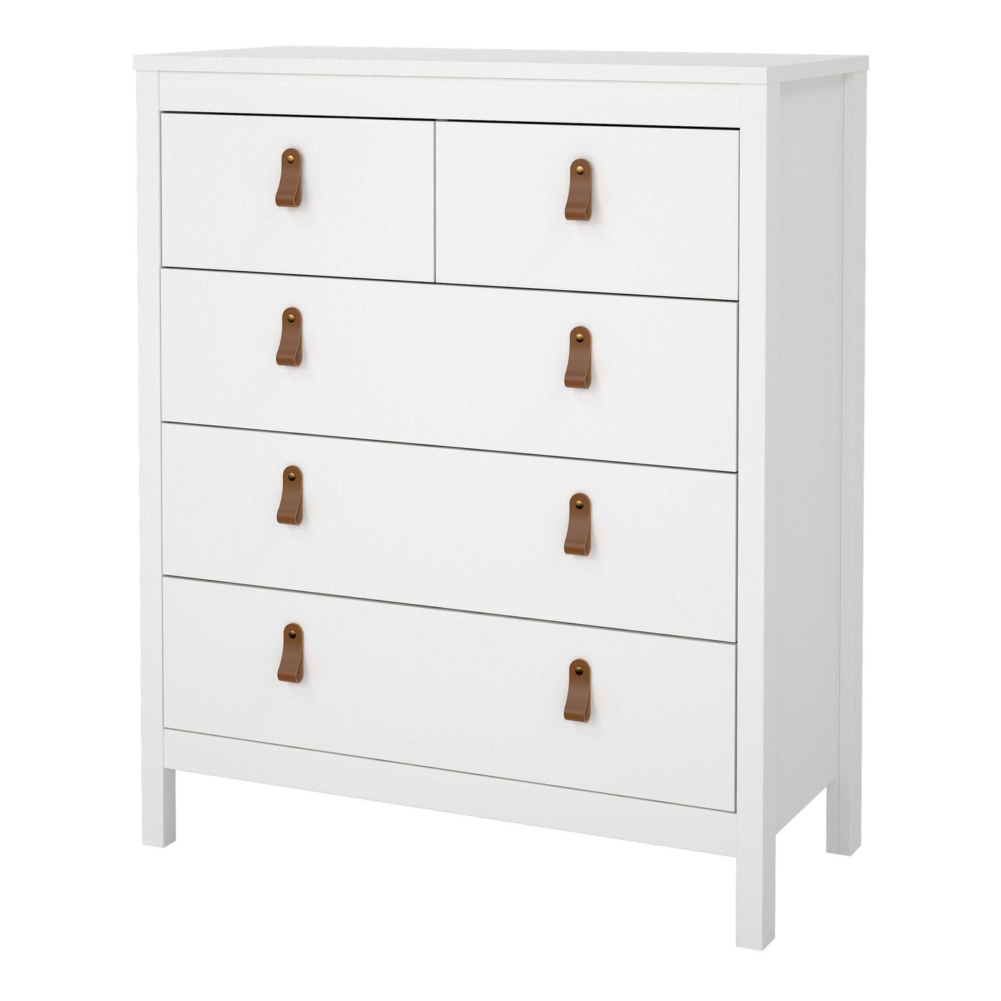 Wildberry Matt White Wooden Chest 5 Drawers Leather Hndles