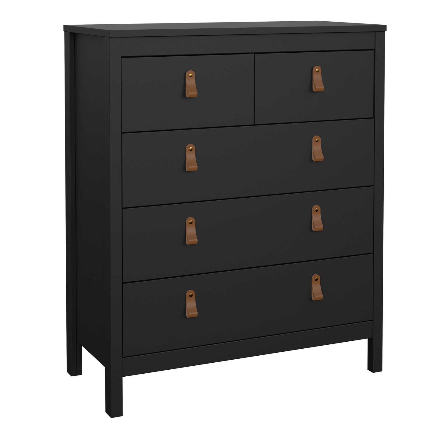 Wildberry Matt Black Chest 5 Drawers Leather Handles