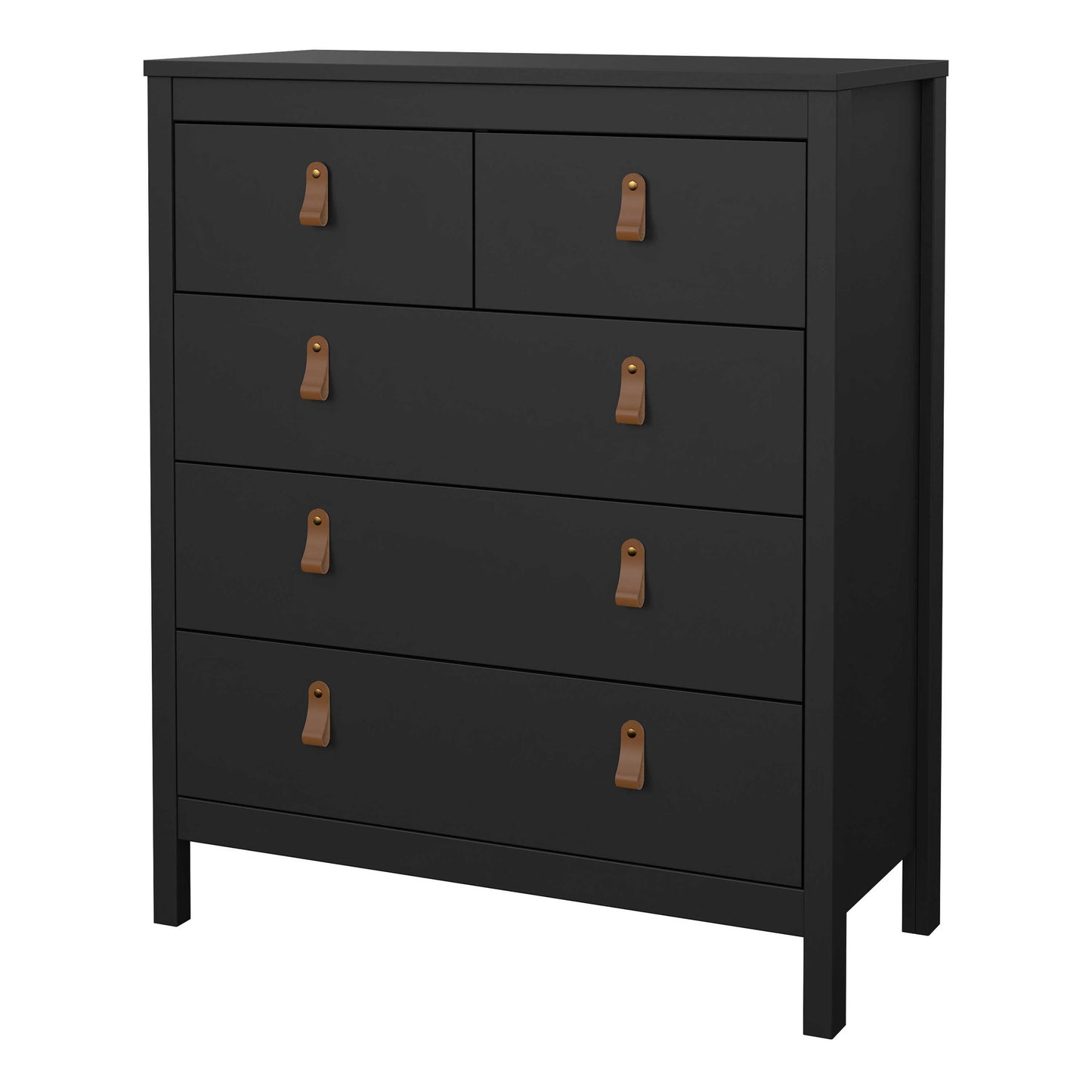 Wildberry Matt Black Chest 5 Drawers Leather Handles