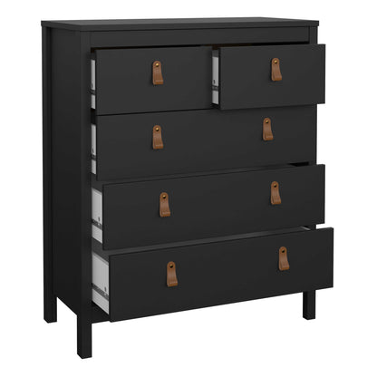 Wildberry Matt Black Chest 5 Drawers Leather Handles