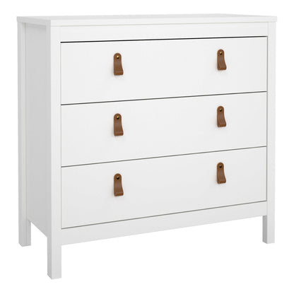Wildberry Matt White Wooden Chest 3 Drawers Leather Handles