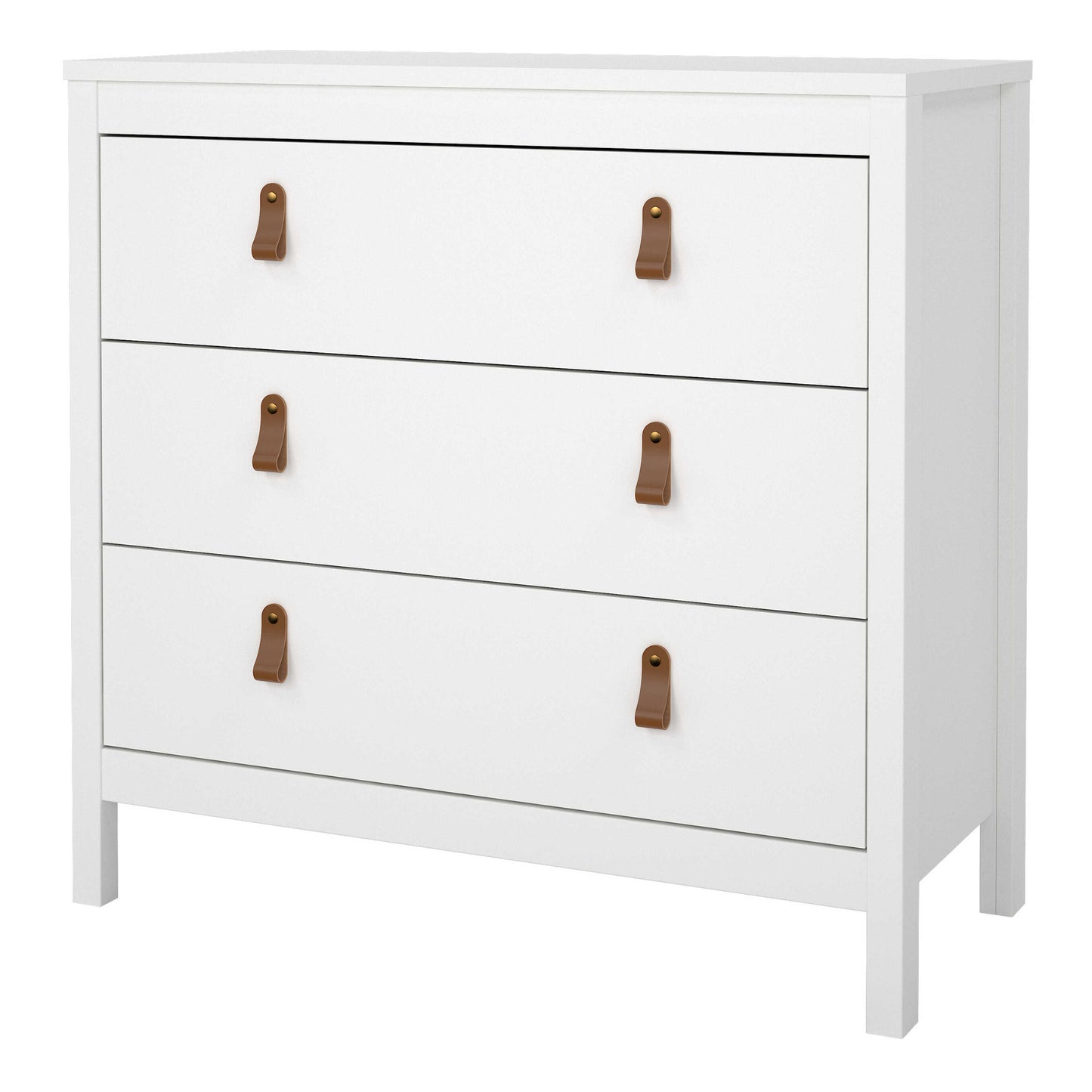 Wildberry Matt White Wooden Chest 3 Drawers Leather Handles