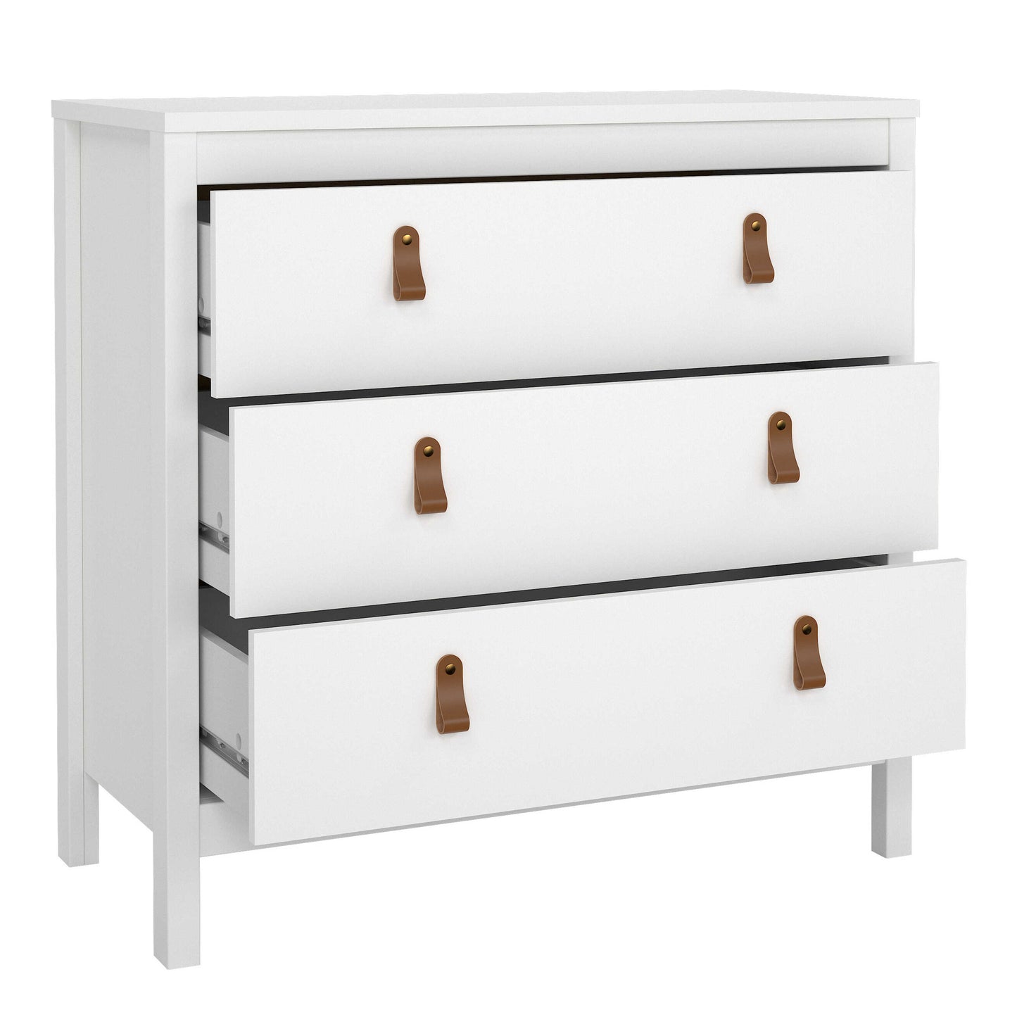 Wildberry Matt White Wooden Chest 3 Drawers Leather Handles