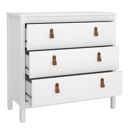 Wildberry Matt White Wooden Chest 3 Drawers Leather Handles