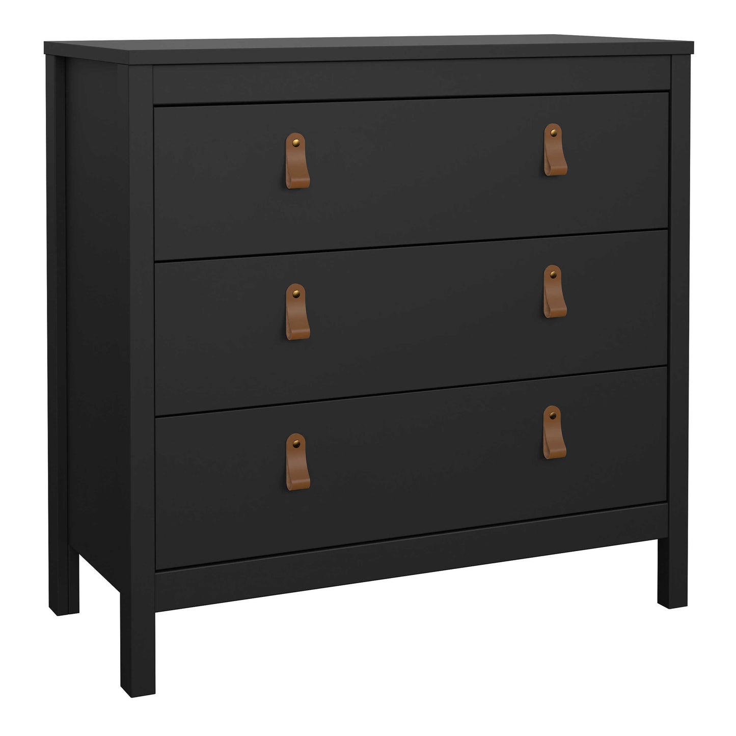 Wildberry Matt Black Chest 3 Drawers Leather Handles