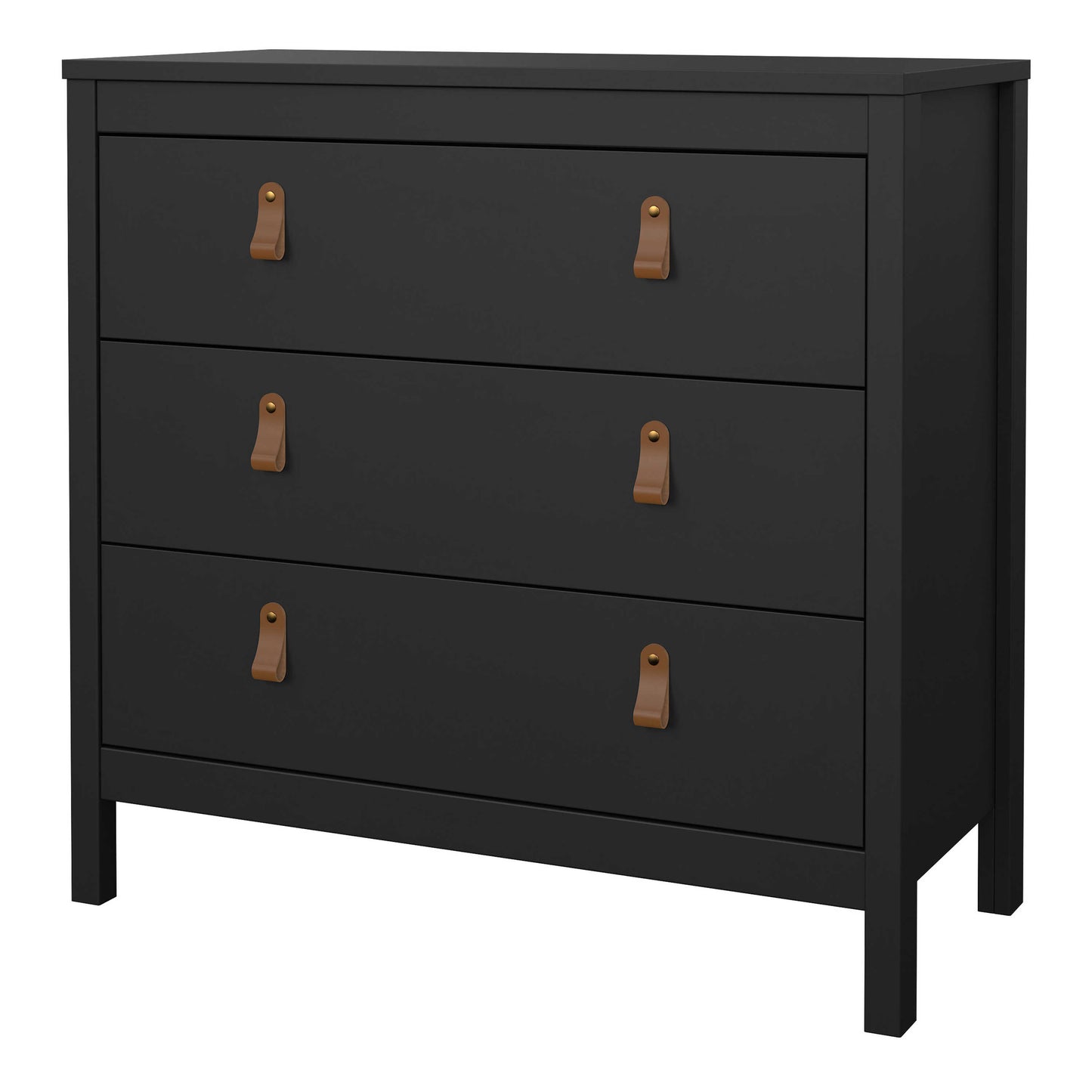 Wildberry Matt Black Chest 3 Drawers Leather Handles