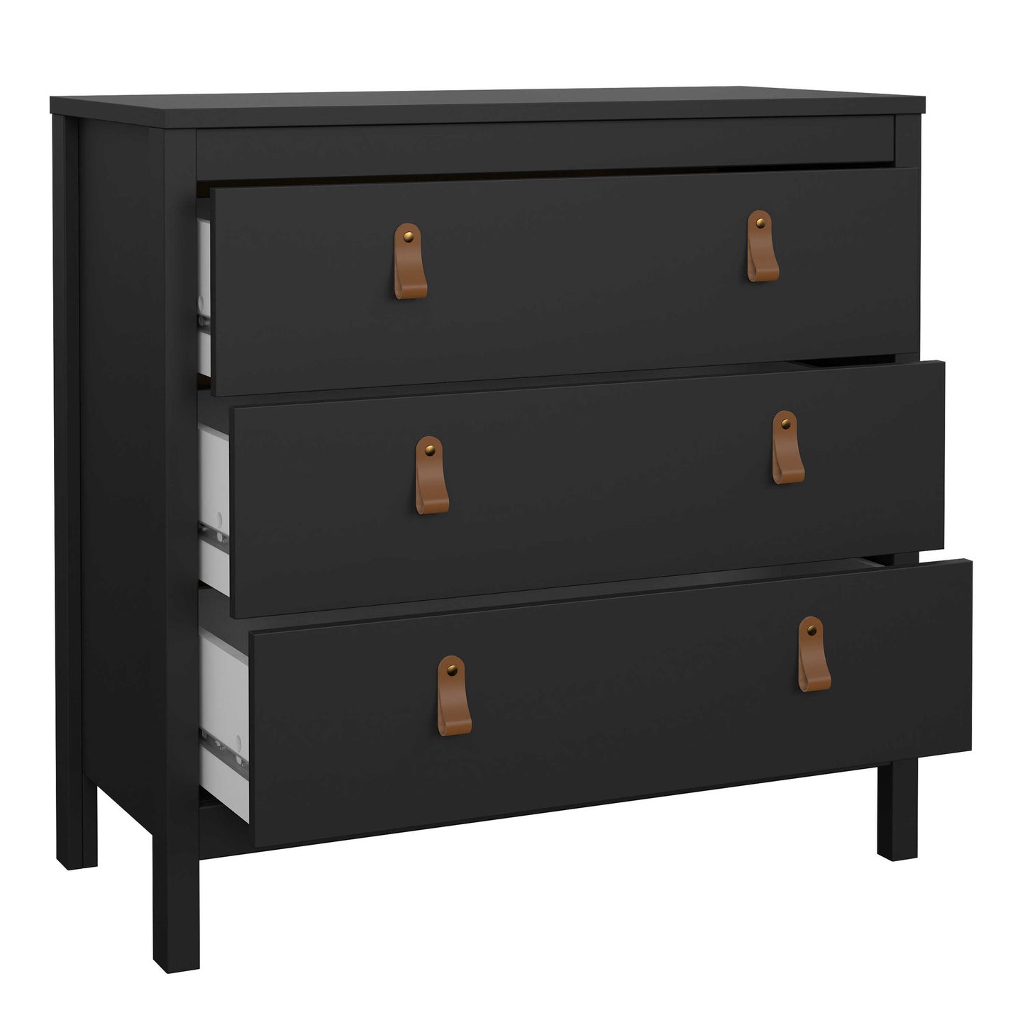 Wildberry Matt Black Chest 3 Drawers Leather Handles