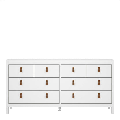 Wildberry Matt White Wooden Double Dresser 8 Drawers Leather Handles