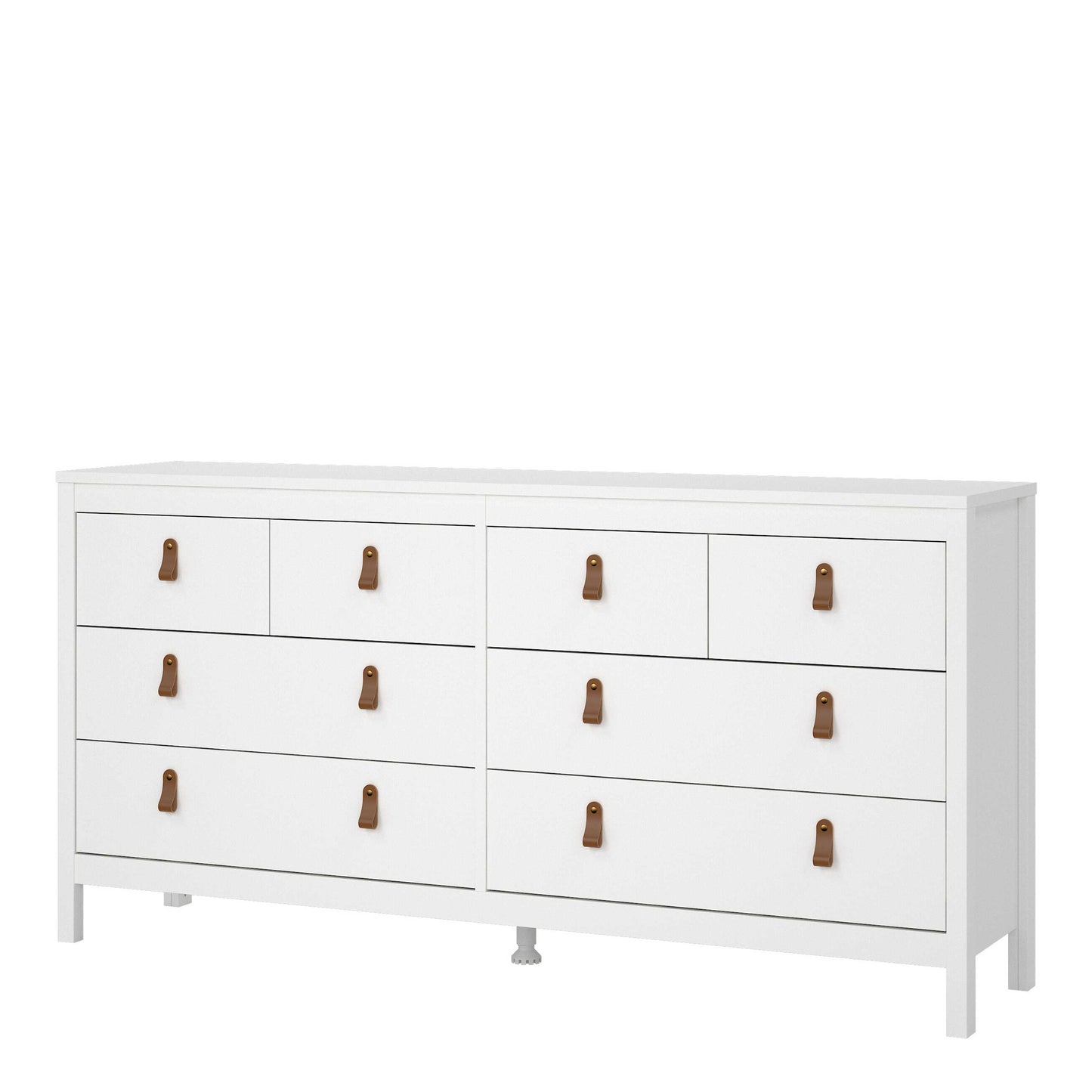 Wildberry Matt White Wooden Double Dresser 8 Drawers Leather Handles