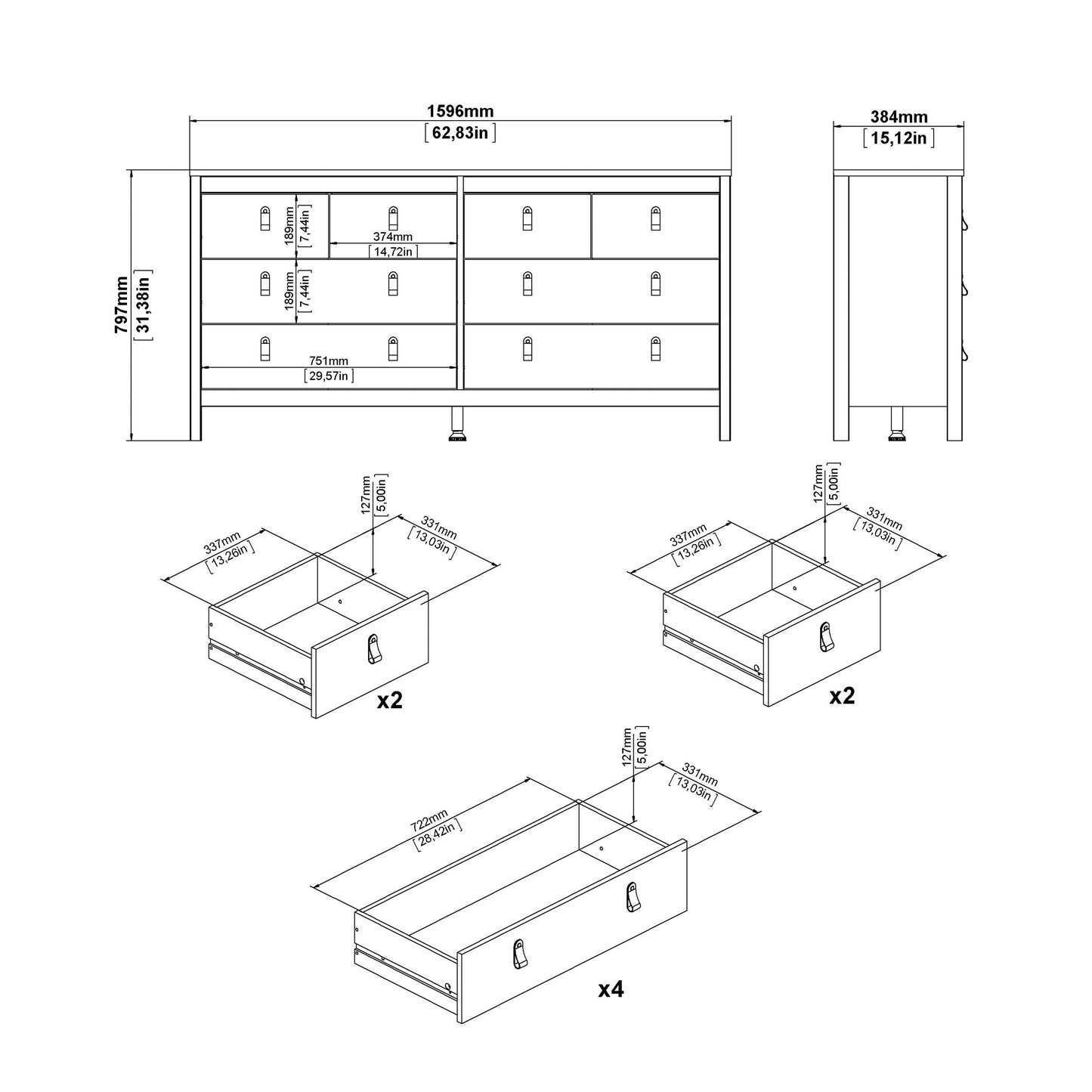 Wildberry Cashmere Wooden Double Dresser 8 Drawers