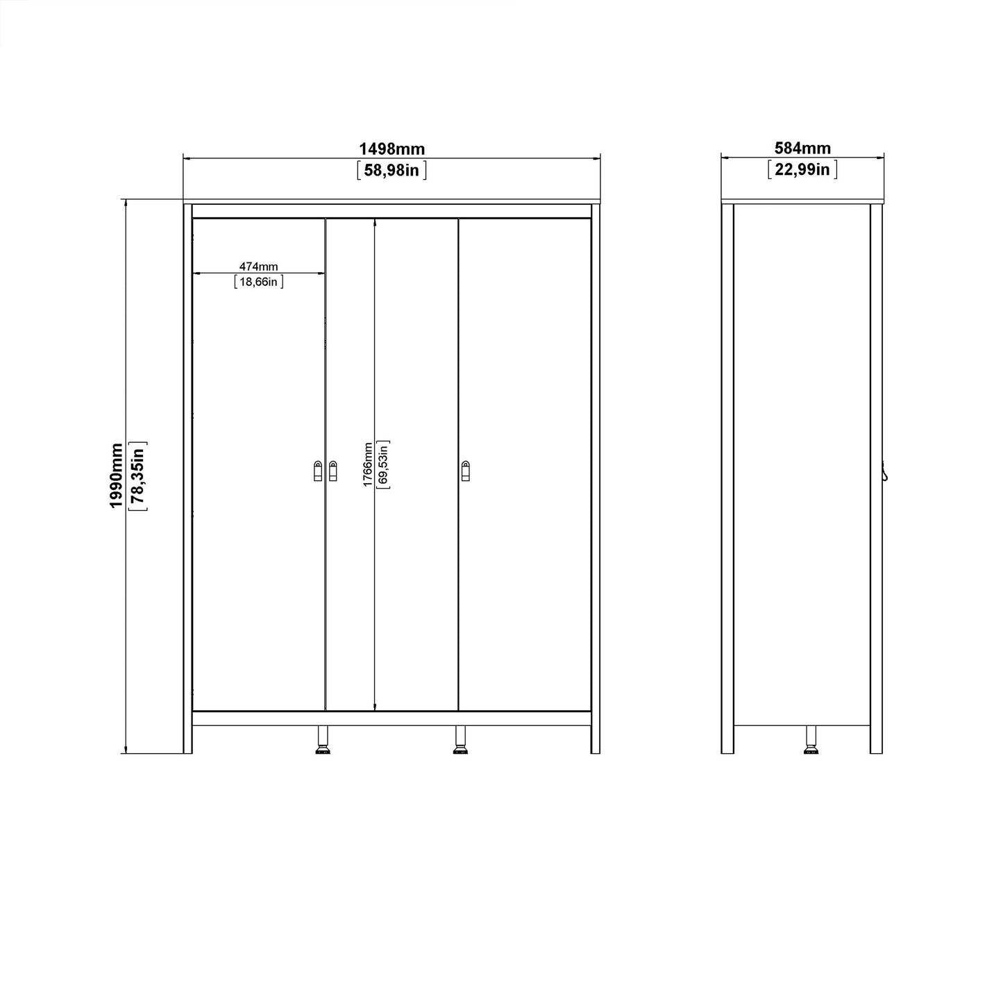 Wildberry Matt White Wardrobe 3 Doors Leather Handles