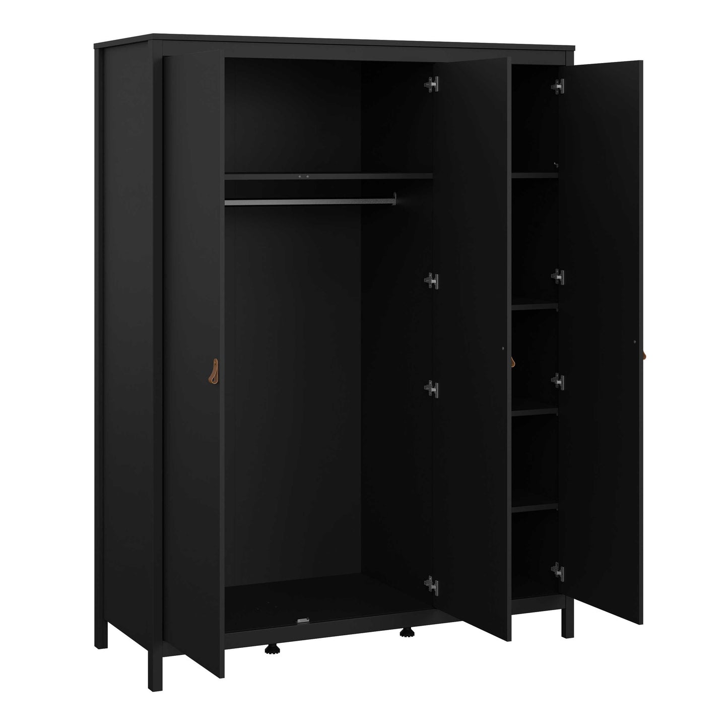 Wildberry Matt Black Wardrobe 3 Doors Leather Handles