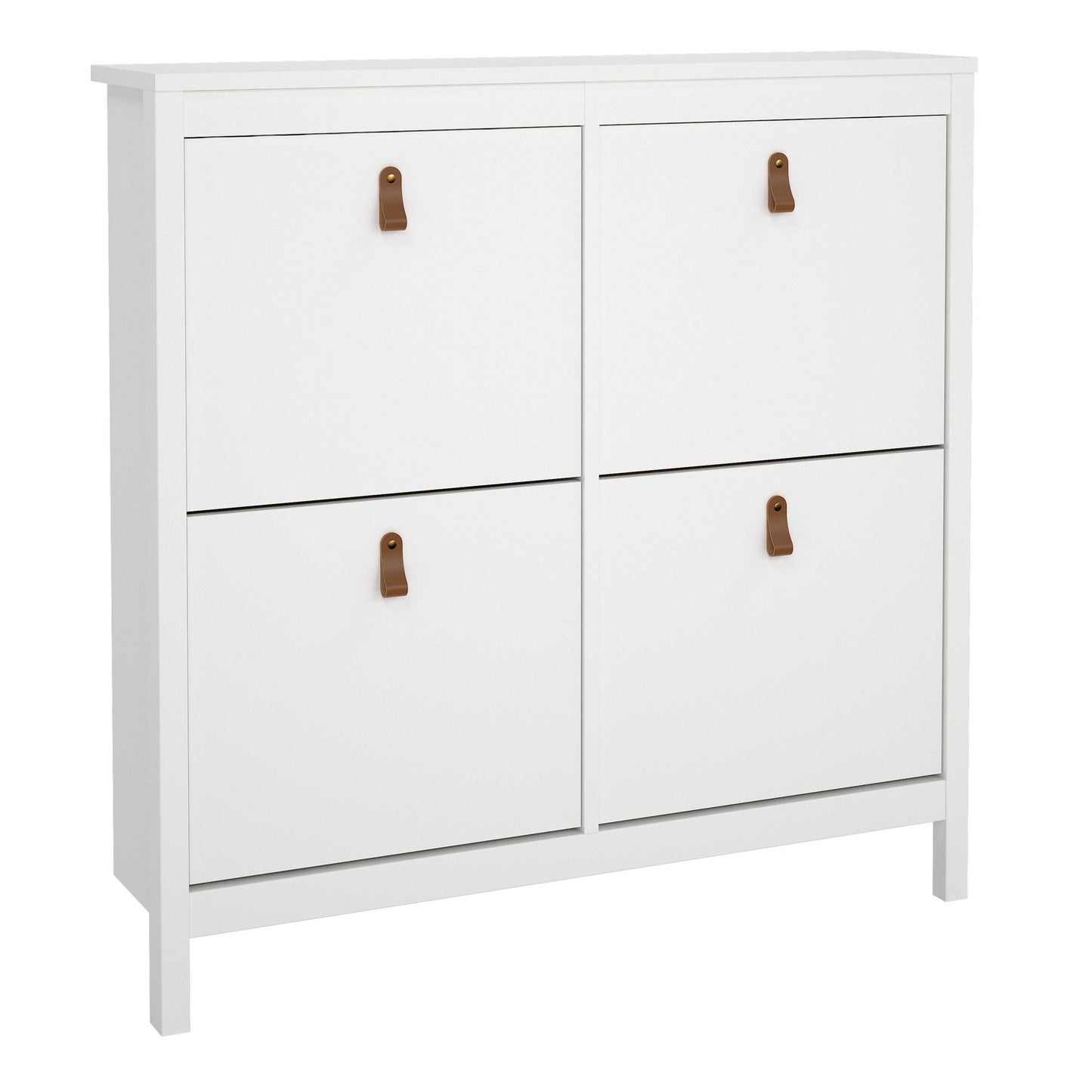 Wildberry Matt White Wooden Shoe Cabinet 4 Flip Down Doors Leather Handles