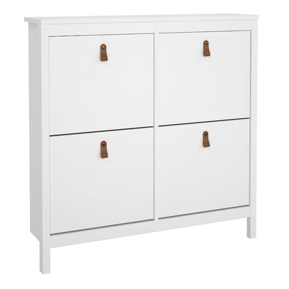 Wildberry Matt White Wooden Shoe Cabinet 4 Flip Down Doors Leather Handles