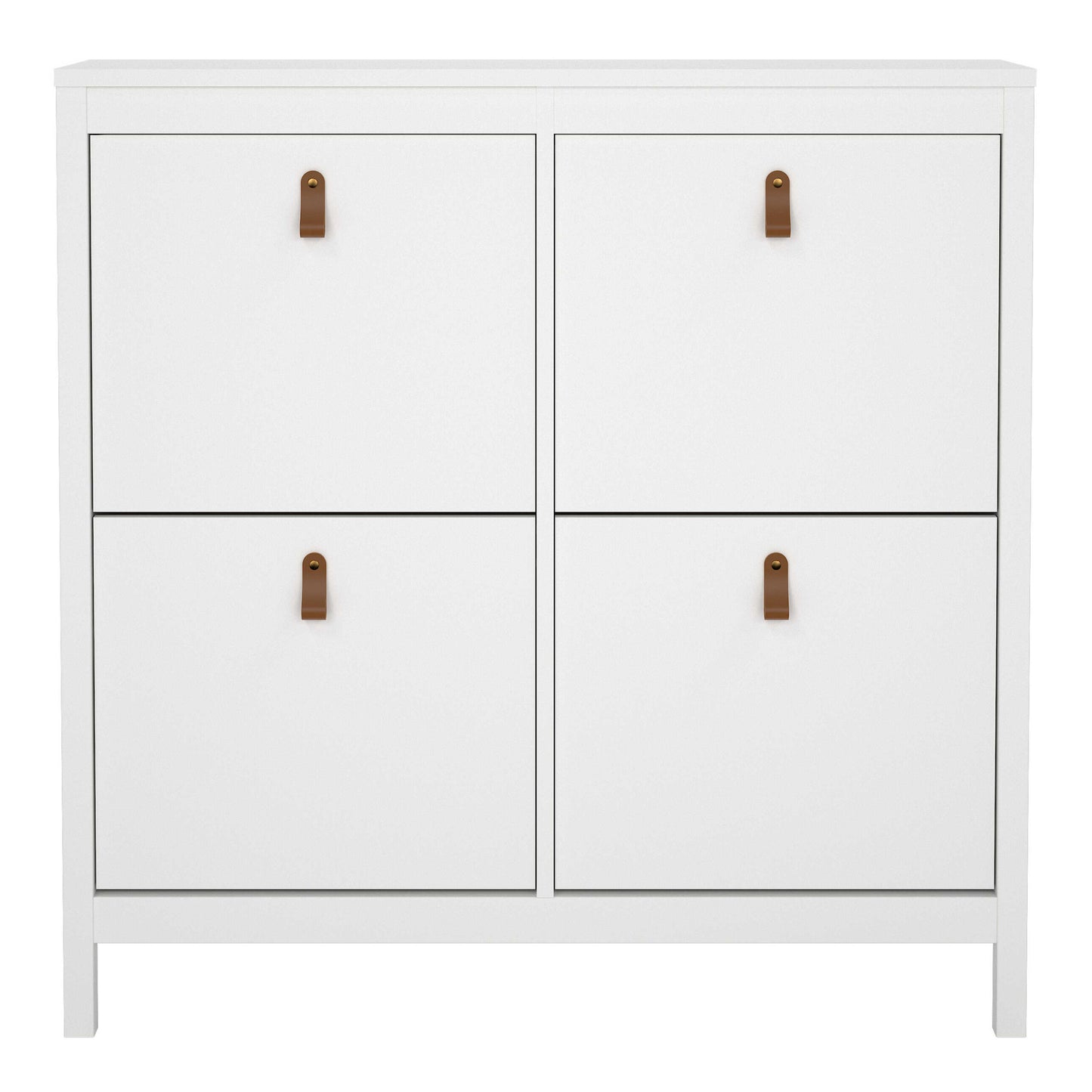 Wildberry Matt White Wooden Shoe Cabinet 4 Flip Down Doors Leather Handles