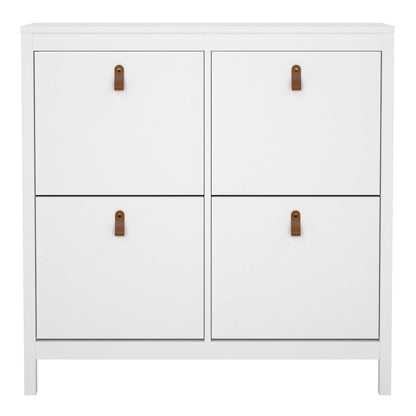 Wildberry Matt White Wooden Shoe Cabinet 4 Flip Down Doors Leather Handles