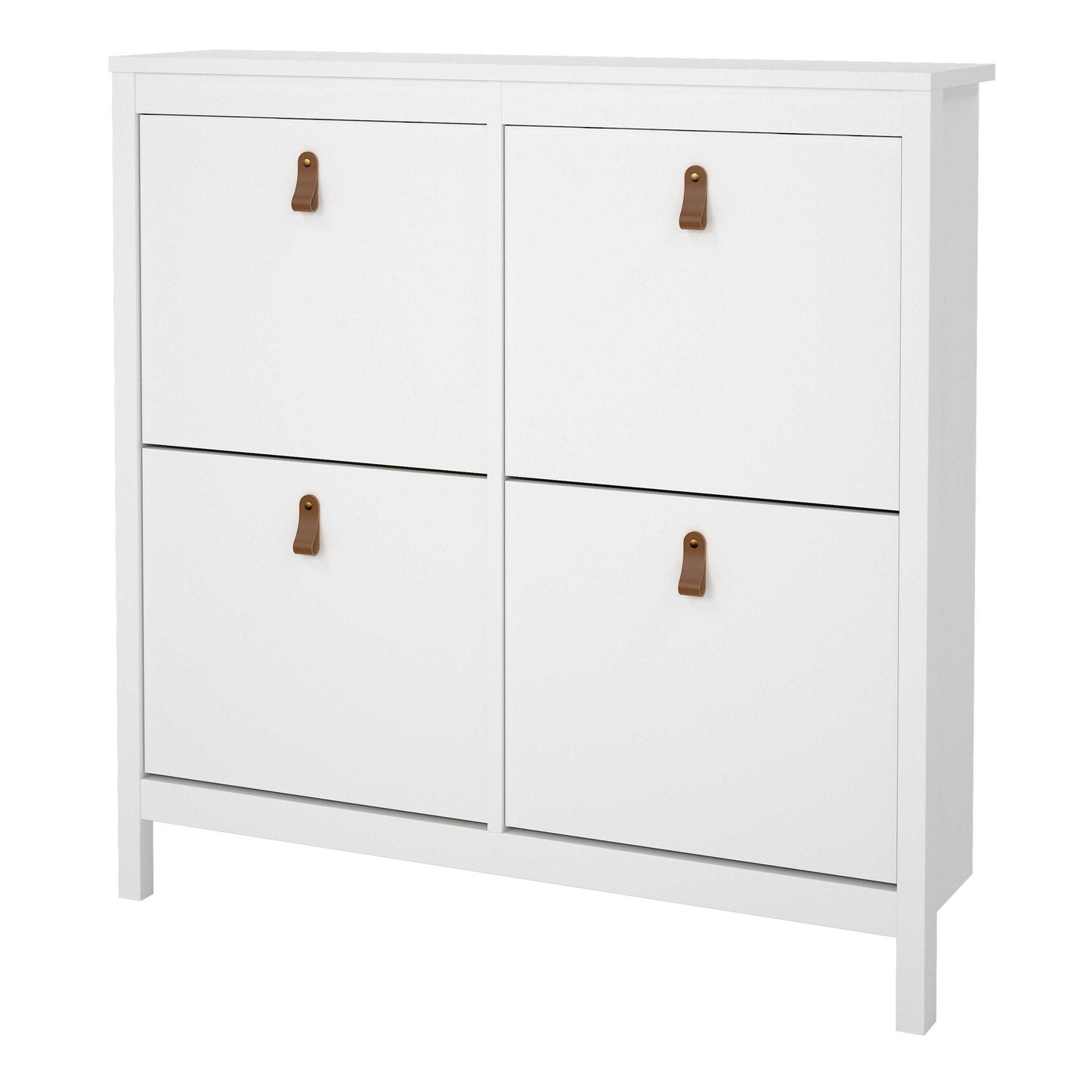 Wildberry Matt White Wooden Shoe Cabinet 4 Flip Down Doors Leather Handles