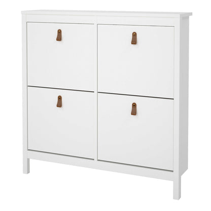 Wildberry Matt White Wooden Shoe Cabinet 4 Flip Down Doors Leather Handles