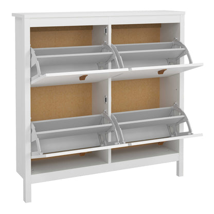 Wildberry Matt White Wooden Shoe Cabinet 4 Flip Down Doors Leather Handles