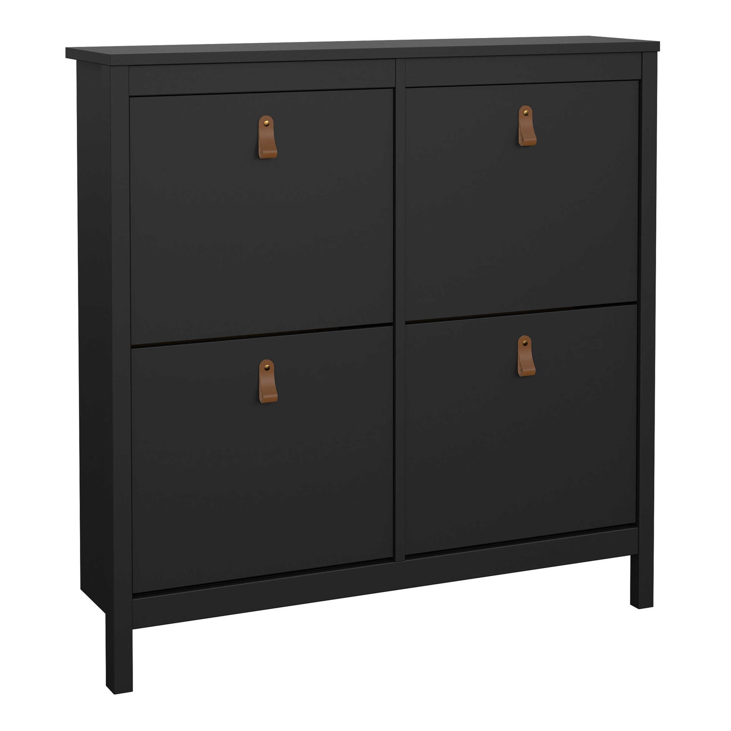Wildberry Matt Black Wooden Shoe Cabinet 4 Flip Down Doors Leather Handles