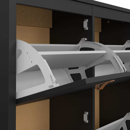 Wildberry Matt Black Wooden Shoe Cabinet 4 Flip Down Doors Leather Handles