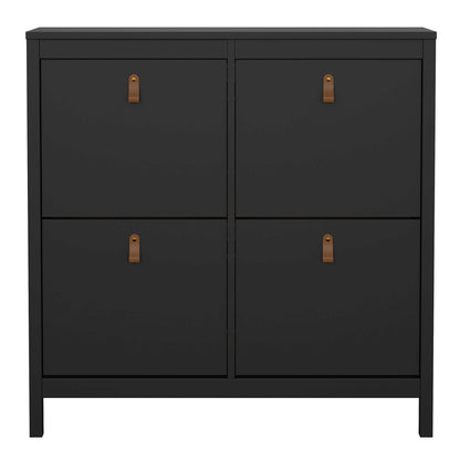 Wildberry Matt Black Wooden Shoe Cabinet 4 Flip Down Doors Leather Handles