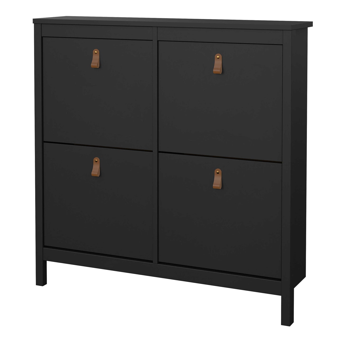 Wildberry Matt Black Wooden Shoe Cabinet 4 Flip Down Doors Leather Handles