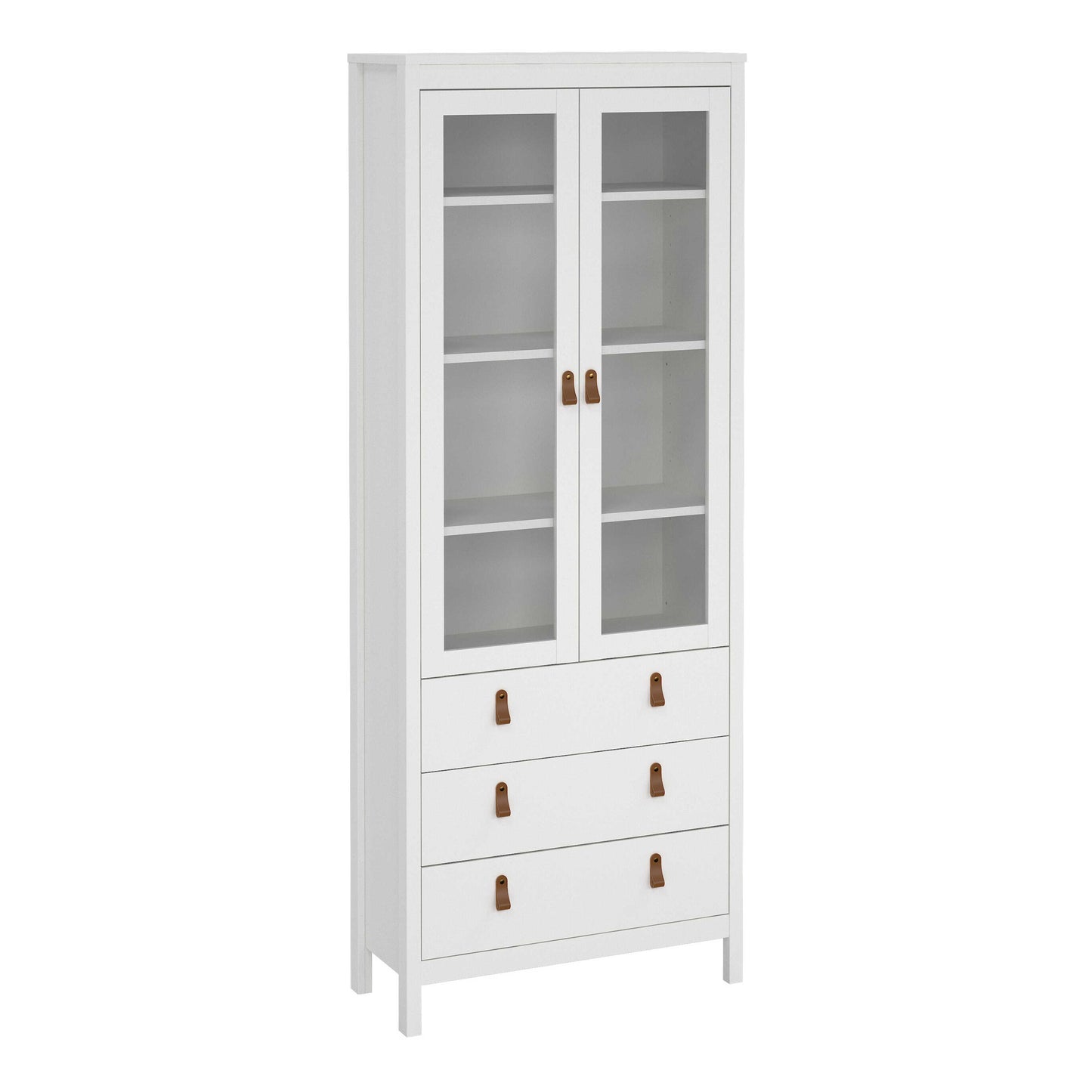Wildberry Matt White Wooden China Cabinet 2 Glass Doors 3 Drawers Leather Handles