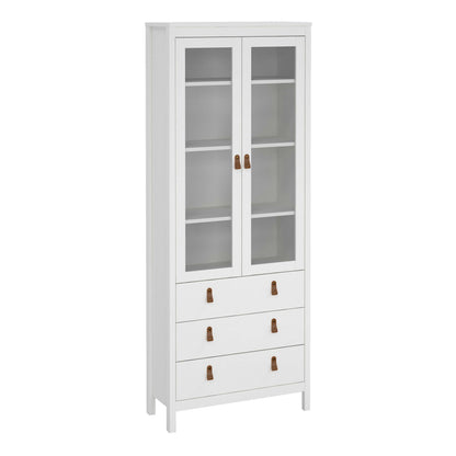 Wildberry Matt White Wooden China Cabinet 2 Glass Doors 3 Drawers Leather Handles