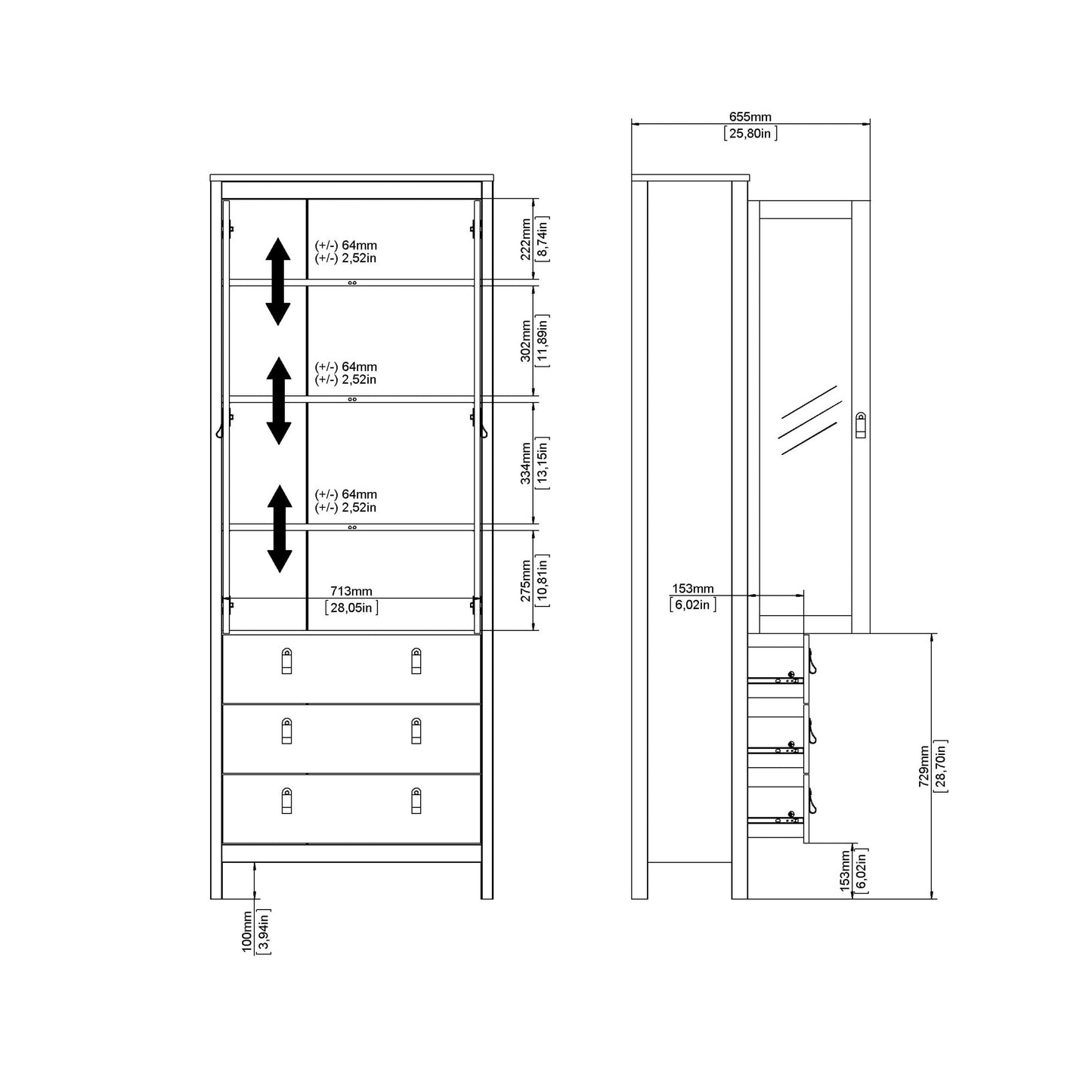 Wildberry Matt White Wooden China Cabinet 2 Glass Doors 3 Drawers Leather Handles