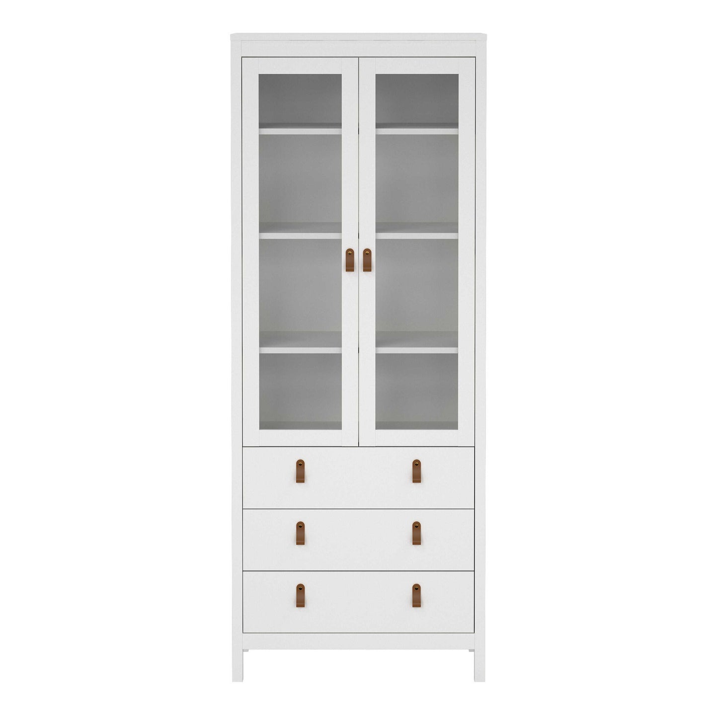 Wildberry Matt White Wooden China Cabinet 2 Glass Doors 3 Drawers Leather Handles