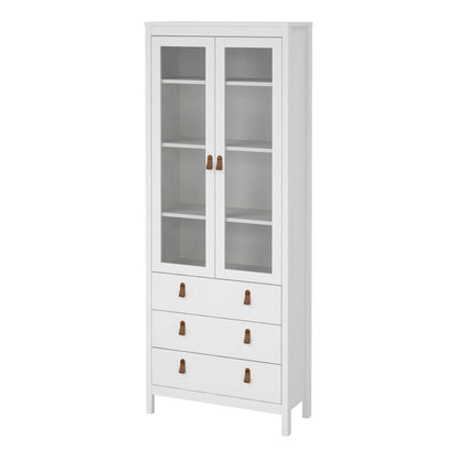 Wildberry Matt White Wooden China Cabinet 2 Glass Doors 3 Drawers Leather Handles
