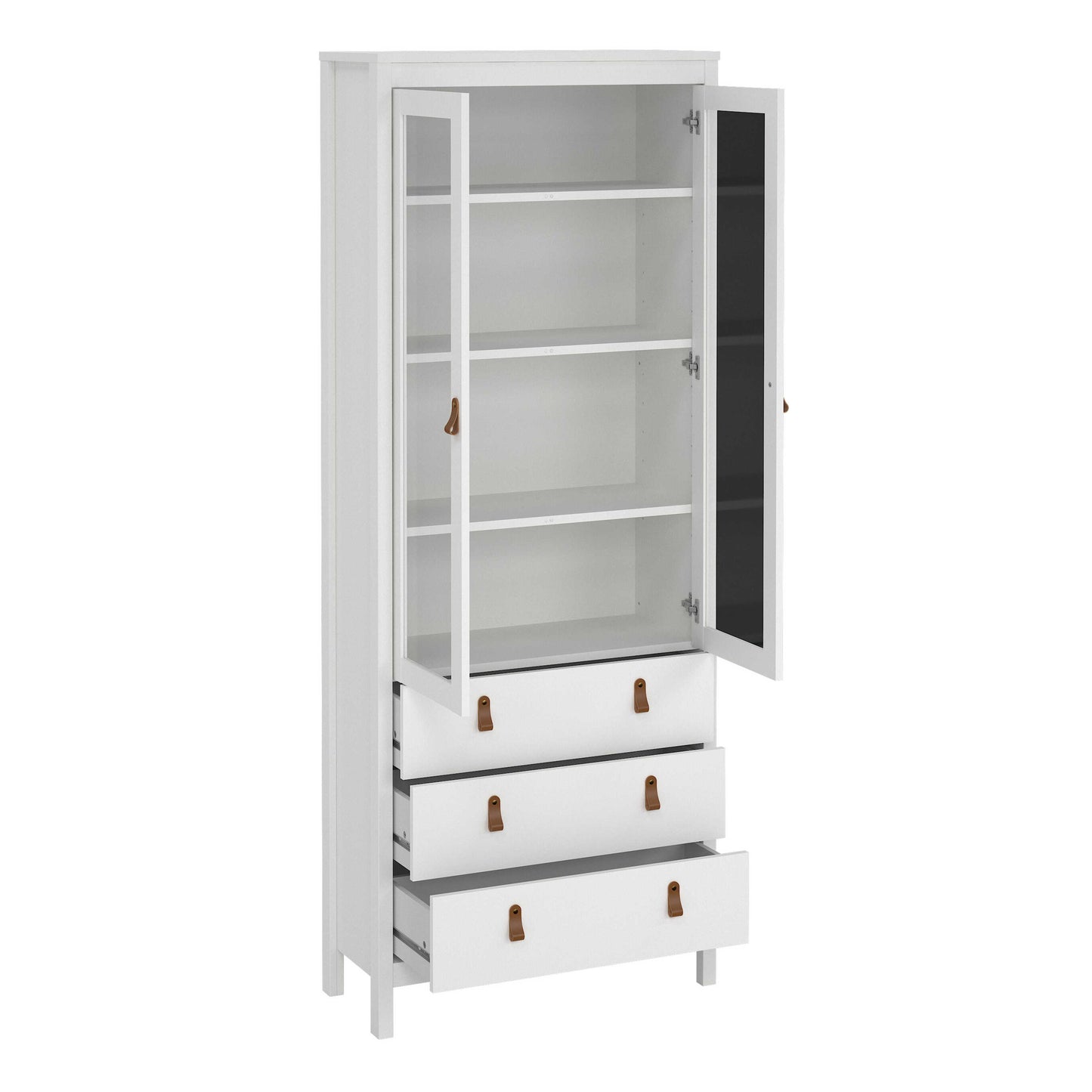 Wildberry Matt White Wooden China Cabinet 2 Glass Doors 3 Drawers Leather Handles