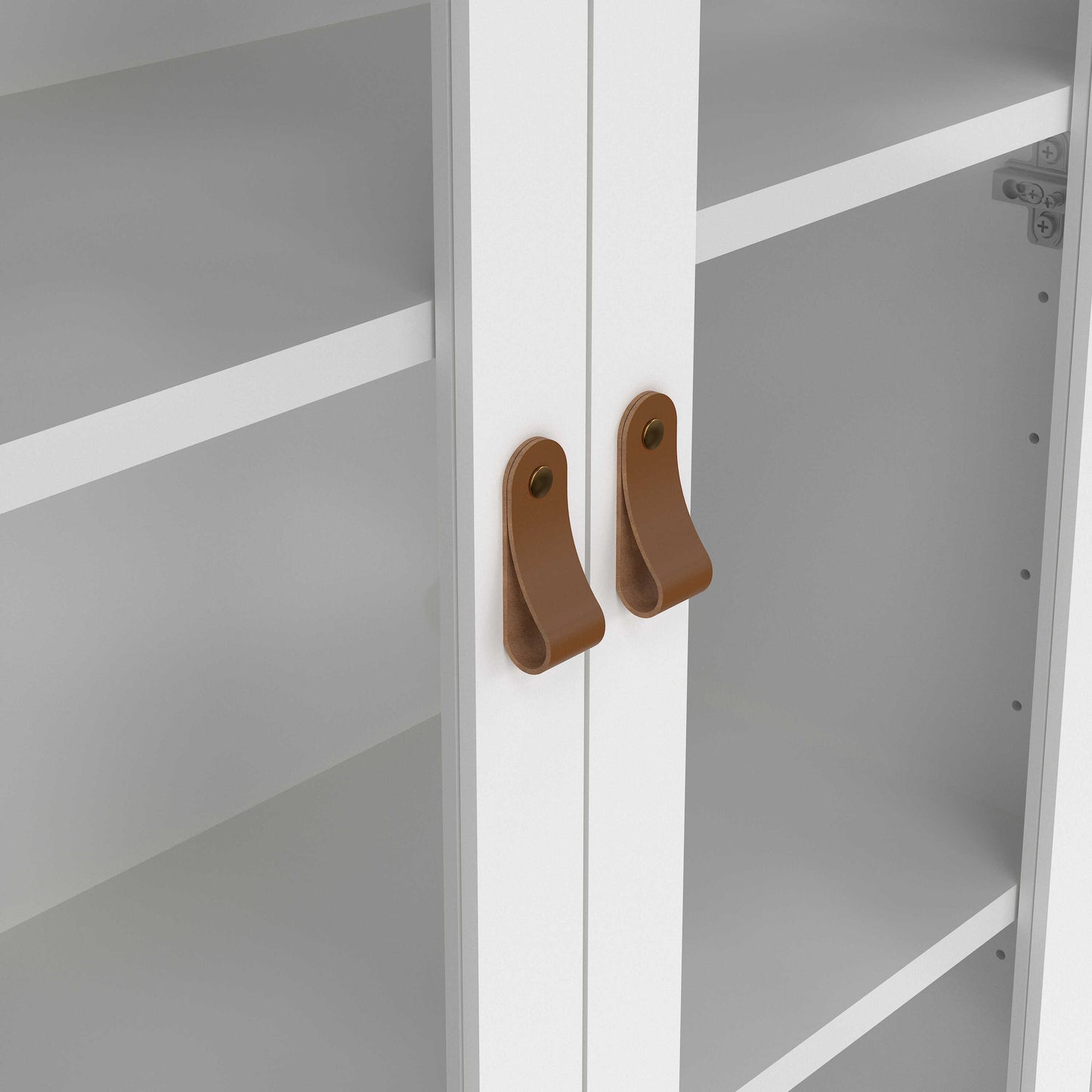 Wildberry Matt White Wooden China Cabinet 2 Glass Doors 3 Drawers Leather Handles