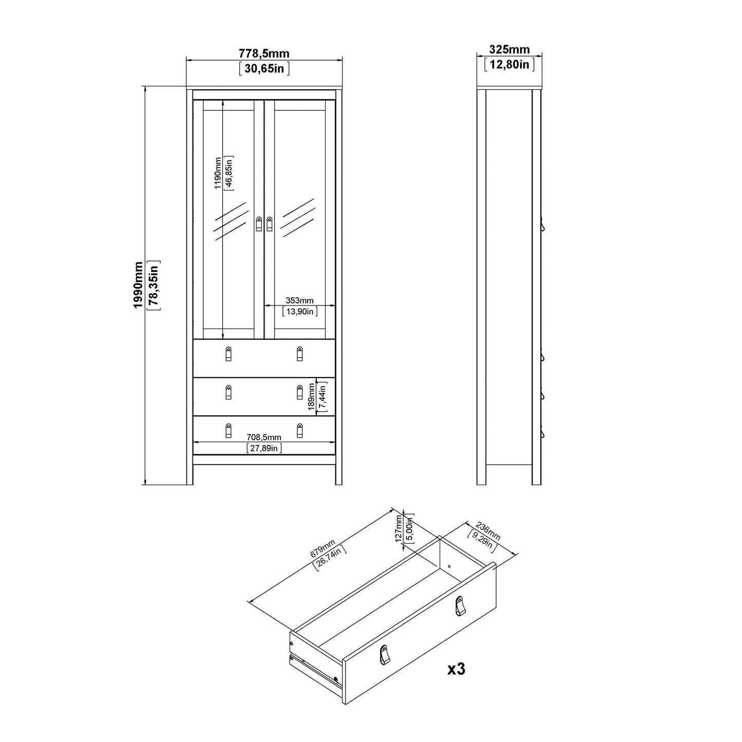Wildberry Natural Oak Wood Glass China Cabinet 2 Doors 3 Drawers