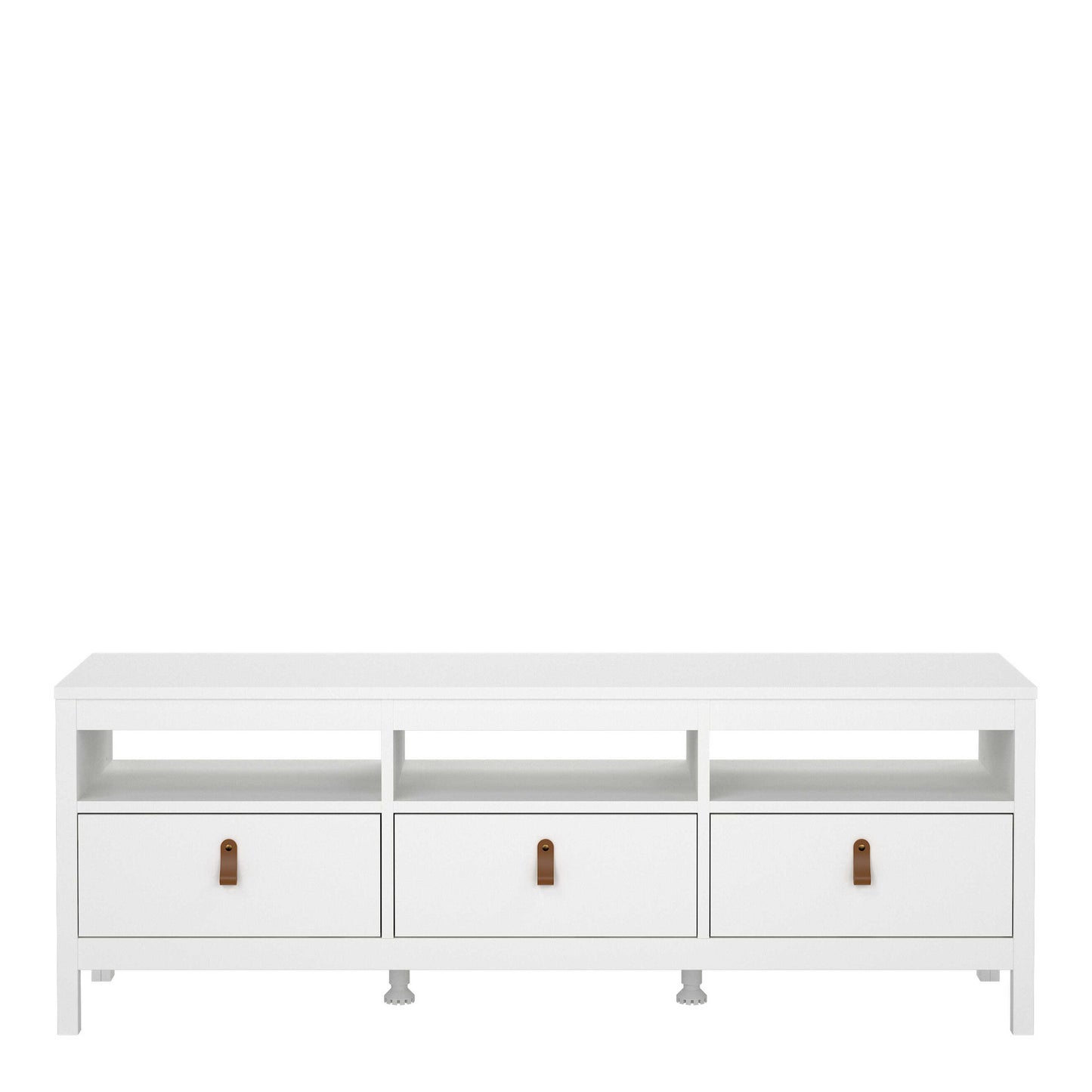 Wildberry Matt White Wooden TV Unit 3 Drawers Leather Handles