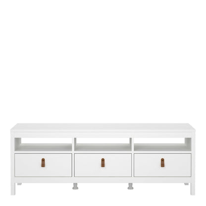 Wildberry Matt White Wooden TV Unit 3 Drawers Leather Handles